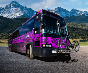 Bustang purple bus in the Rockies