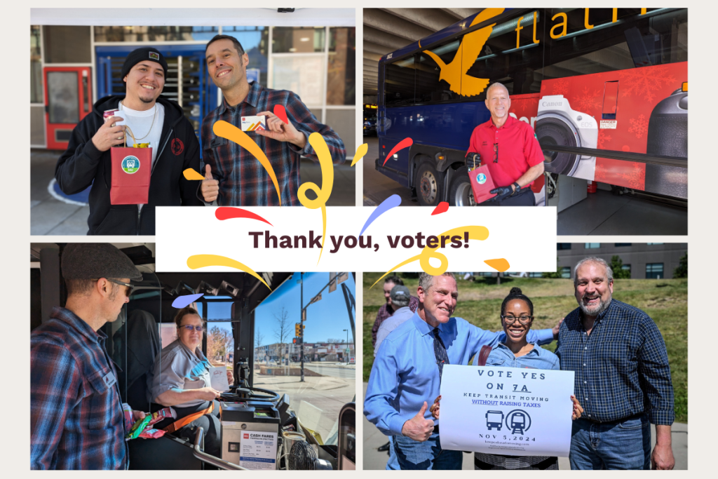 A collage of four photos shows RTD bus drivers and Boulder Chamber staff smiling and showing appreciation for RTD