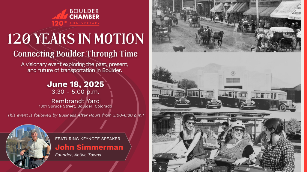 A collage of historic images of horse-drawn streetcars, buses and bicyclists in black and white, with a color image of the featured speaker and words describing the event