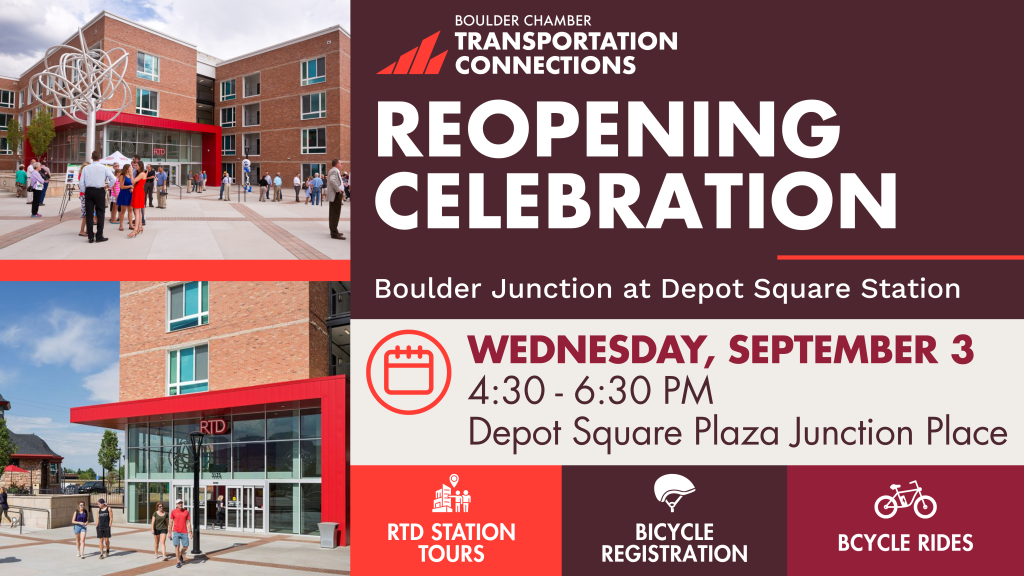 A graphic image showing two photos of the exterior of the RTD Station at Boulder Junction, with words describing the event: a reopening celebration for the Boulder Junction at Depot Square Station