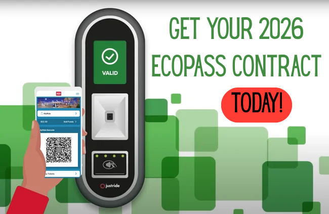 A graphic design image shows a hand holding a mobile phone with the RTD EcoPass bar code in front of a validator. The text reads, get your 2026 EcoPass contract today!