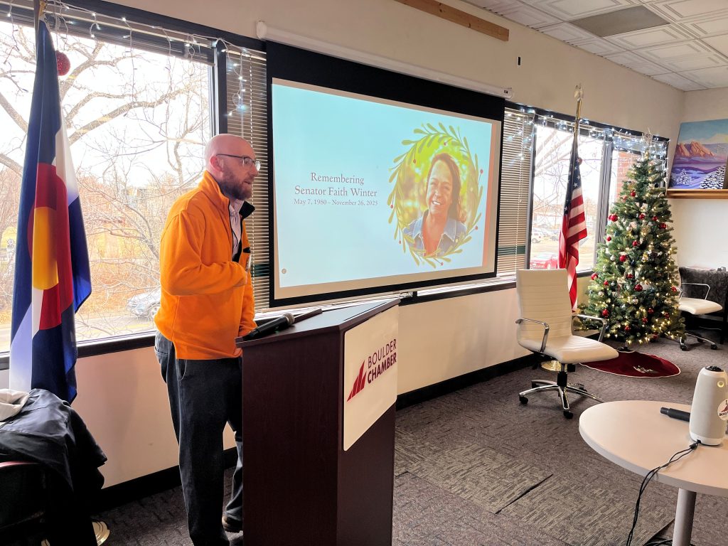 Senior Manager of Policy Programs, Jonathan Singer, pays tribute to Senator Faith Winter at Connect Boulder