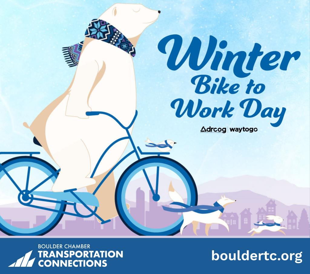 The graphic shows a polar bear wearing a blue scarf and riding a bicycle. A white fox wearing a blue scarf walks alongside the bicycle. The words, "Winter Bike to Work Day" fill the right side of the graphic.