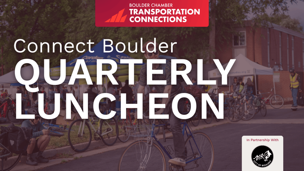 A graphic with the words, "Connect Boulder Quarterly Luncheon," over a photograph of a man with a mustache riding a bike.