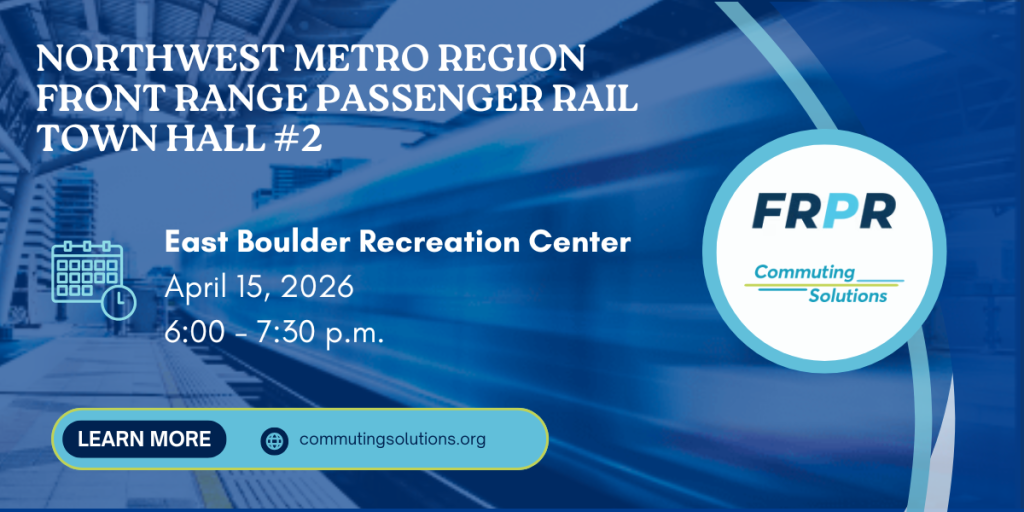 A blue blurred train image over which are event details for the Boulder Front Range Passenger Rail Town Hall