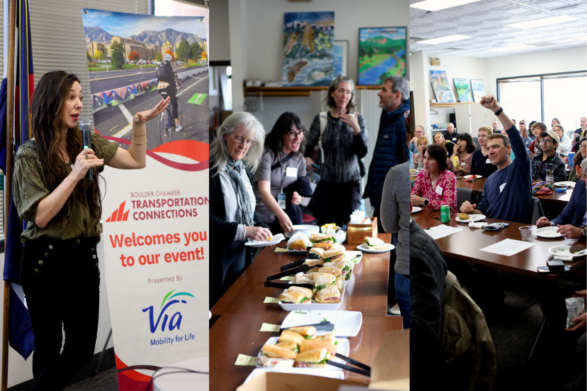 Three photographs combined show a speaker at Connect Boulder, the lunch table with people taking sandwiches, and a participant raising his fist as he is acknowledged by the speaker