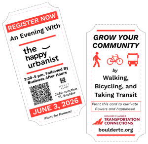 An image of a two-sided, movie ticket-shaped invitation to the event, printed with "Grow Your Community by walking, bicycling, and taking transit"