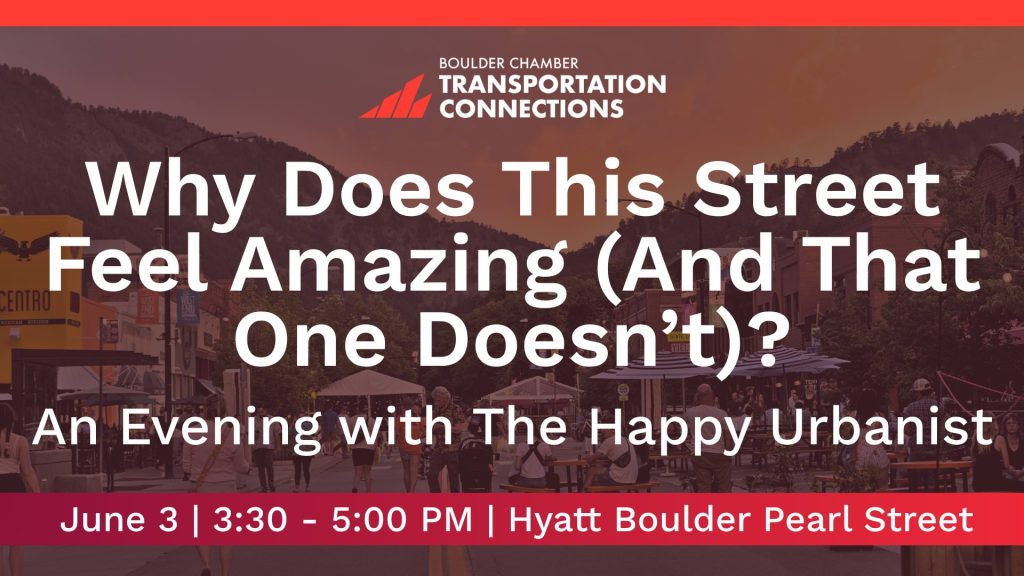 A graphic image with the words, "Why does this street feel amazing (and that one doesn't)? An evening with the Happy Urbanist