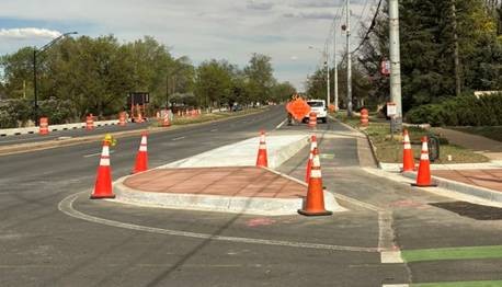 Baseline Road Transportation Safety Project image: orange cones on a new floating bus island.