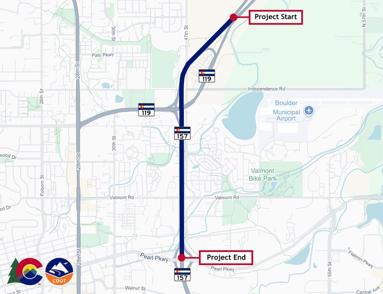 A map of CO 157 (Foothills Pkwy) showing the repaving project area