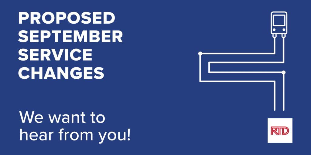 An image with a blue background and the words, "Proposed September Service Changes" with a white outline of a bus and the RTD logo
