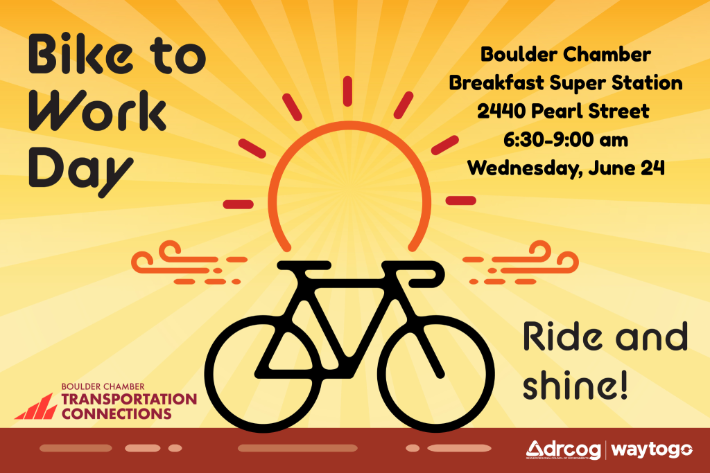 A yellow poster with an orange outline of a sun and a black outline of a bicycle with the details about the breakfast station at the Boulder Chamber