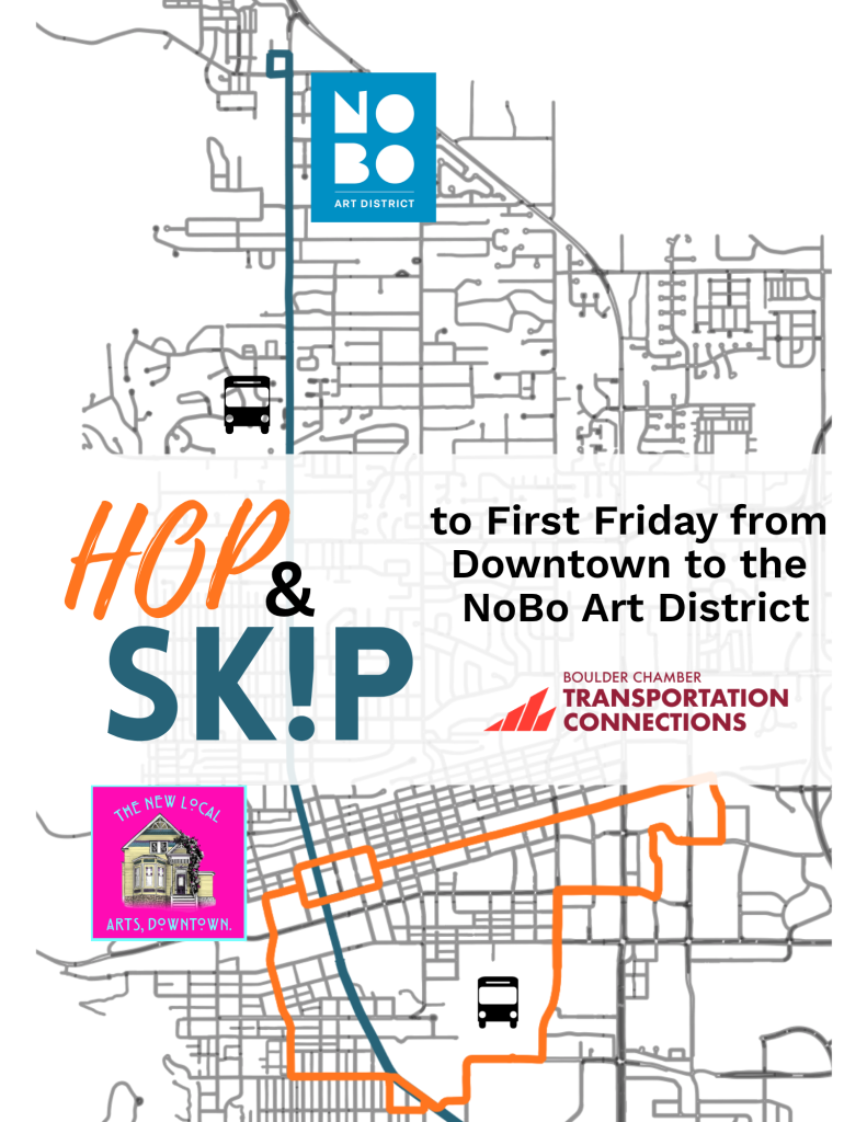 A graphic image with a map of Boulder behind the words, Hop & Skip to First Friday from Downtown to the NoBo Art District
